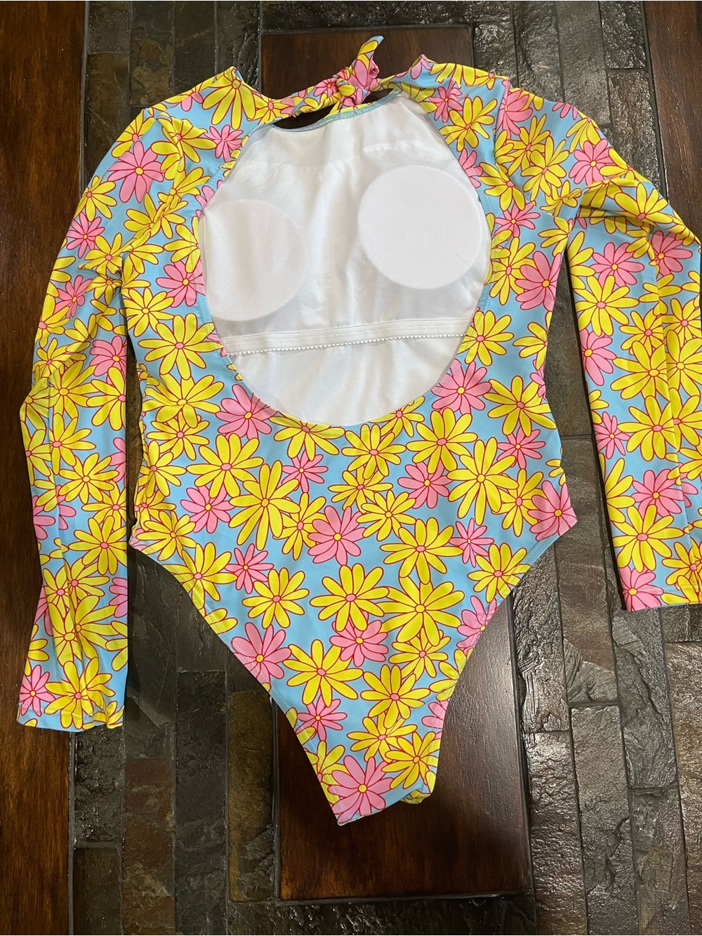 Daisy Print Long-Sleeve Rash Guard One-Piece Swimsuit - Blue/Yellow/Pink - Picture 10 of 10